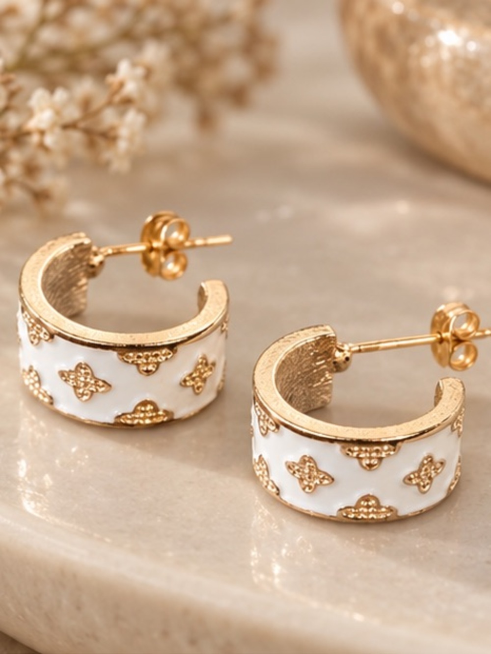 White Enamel Gold Hoop Earrings | Designer Inspired